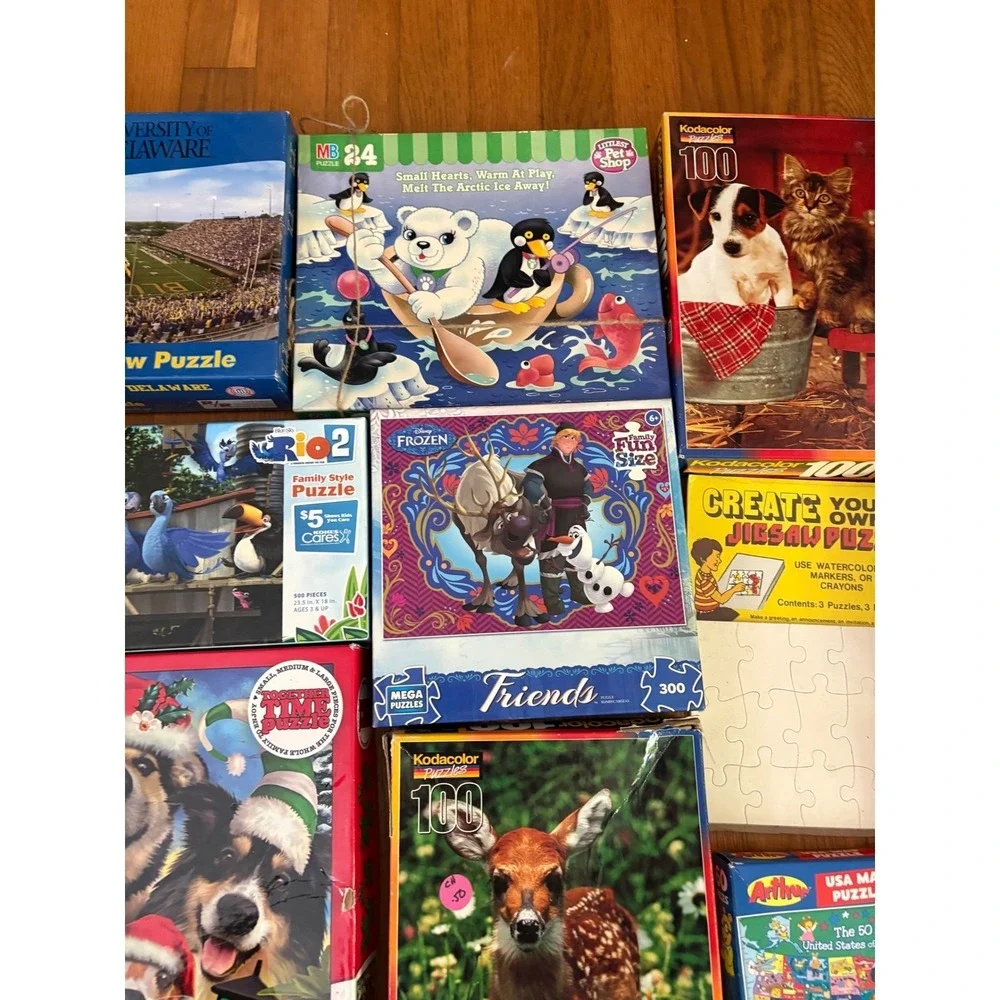 12 Jigsaw Puzzle Lot Bundle Disney Frozen Dog Man Kodacolor 24-750 Pieces